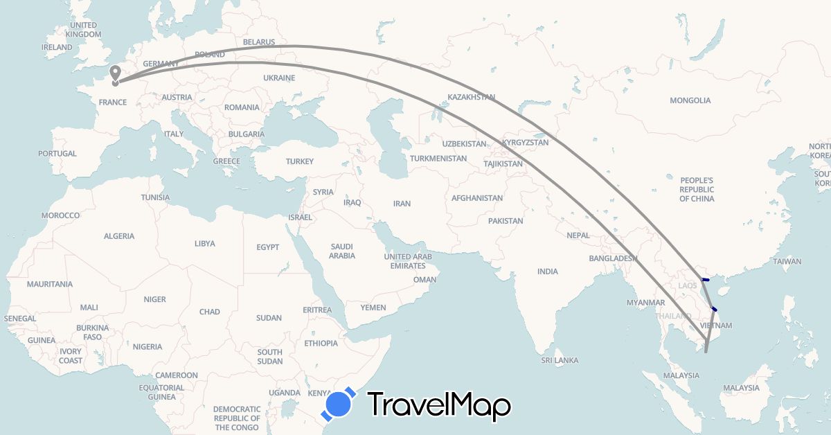 TravelMap itinerary: driving, plane in France, Vietnam (Asia, Europe)